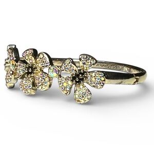 Betsey Johnson Signed Goldtone Hinged Bangle Bracelet 3D Flowers AB Pave Crystal